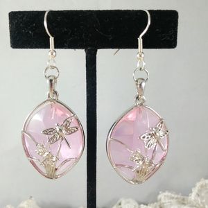 Dragonfly earrings pink glass and silver tone